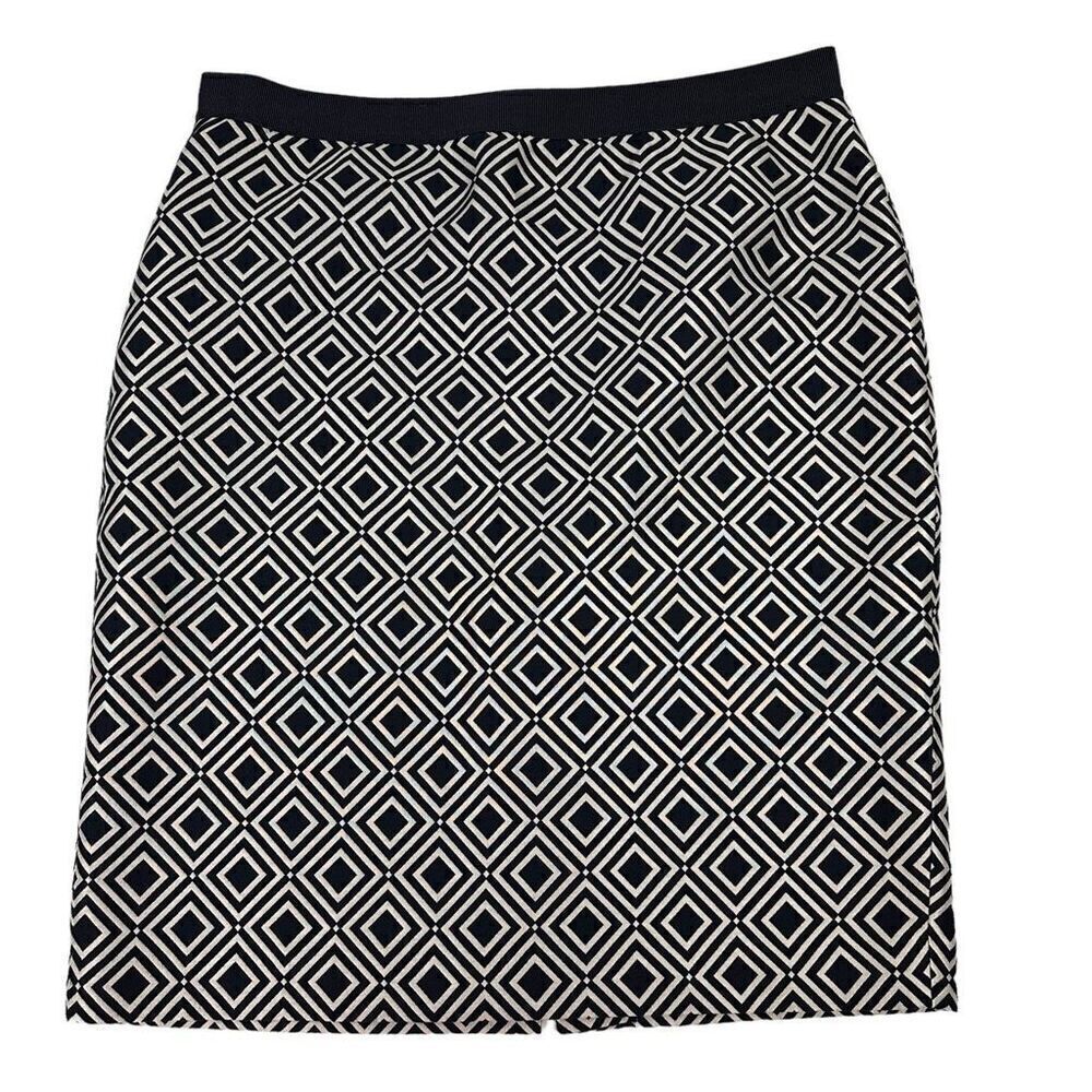Ann Taylor Geometric Print Pencil Skirt size 12 Knee Length Navy / Silver